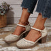 Retro Hollowed-Out Mid-Heeled Sandals with Buckle Closure