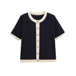 Round Neck Button-Up Short Sleeve Knit Sweater with Contrast Trim for Women