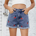 Cherry Embroidered High-Waist Denim Shorts and Hot Pants for Women