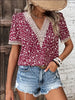Women’s Casual Solid Color V-Neck Blouse with Lace Accent and Loose Fit