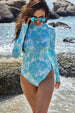 Women's Printed Mock Neck Long Sleeve One-Piece Swimwear for Sleek Beach Style