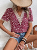 Women’s Casual Solid Color V-Neck Blouse with Lace Accent and Loose Fit