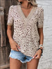 Women’s Casual Solid Color V-Neck Blouse with Lace Accent and Loose Fit