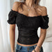 Women’s One-Shoulder Lace Slim Top with Hollow-Out Design and Navel Exposure for Evening Wear
