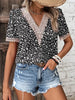 Women’s Casual Solid Color V-Neck Blouse with Lace Accent and Loose Fit