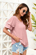 Elegant Swiss Dot V-Neck Blouse With Short Sleeves For Everyday Feminine Fashion