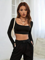 Casual Sports-Inspired Cropped High Stretch Long Sleeve Knitted T-Shirt Top For Women