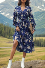 Women's Fashion Printed Notched Neck Lantern Sleeve Midi Dress for Elegant Events