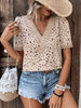 Women’s Casual Solid Color V-Neck Blouse with Lace Accent and Loose Fit