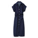 Women’s Denim Short Sleeve Pleated Mini Dress with Casual Shirt Collar Style
