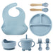 Premium Eight-Piece Silicone Bibs and Dinner Set for Babies with Suction Cup Bowl and Divided Plate