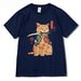 Summer Casual Round Neck Short Sleeve T-Shirt with Cute Printed Cat Design