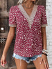 Women’s Casual Solid Color V-Neck Blouse with Lace Accent and Loose Fit