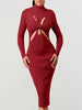 Women's Knit Dress Slim Half High Collar Long Sleeve Cross Knot Mid-Calf Dresses