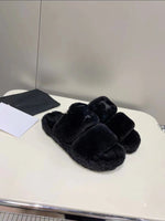 Fuzzy Slippers Versatile Letter Wool Heighten Flat Bottom Footwear