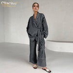 Casual Stripe Suits Elegant High Waist Wide Pants 2-Pieces Set Women's Fashion Outfit