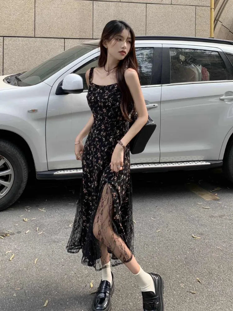 long dress korean style 2023 Beach Floral Chiffon Midi Dress Women Luxury Elegant Spring Summer Korean Fashion Casual Bodycon Party Evening Long Dresses
