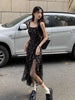 Vintage Floral Dress Women Korean Style Mesh Irregular Split One Piece Long Chiffon Dress