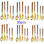 30pcs Stainless Steel Imitation Wooden Handle Cutlery Set Dinnerware Western Tableware