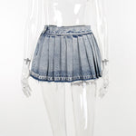 Pleated Denim Skirts Women Vintage Fashion Streetwear Casual Hipster A-Line Mini Skirt