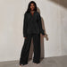 Women's Long Sleeve Shirt Tops Wide Leg Pants Set Elegant Outfits Two Piece Set