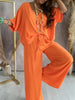 Women's Two Piece Set V-Neck Bat Sleeve Tops Loose Wide-leg Pants Set