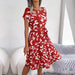 Floral Pleated Long Dress Women Short Sleeve High Waist Chic Dress