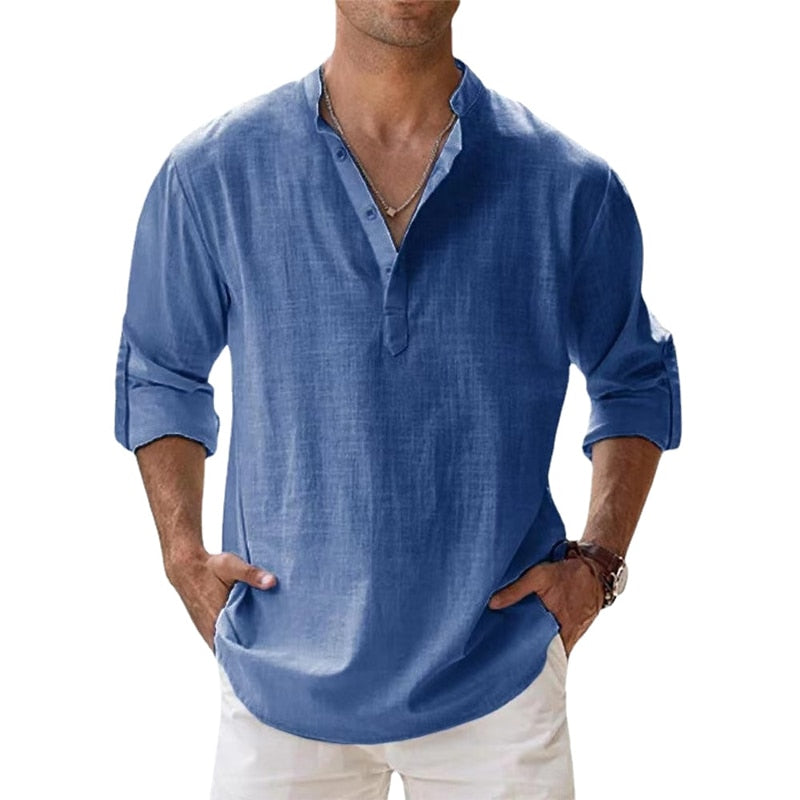 Men's Long Sleeve Shirts Breathable Solid Color Cotton Linen Shirt ...