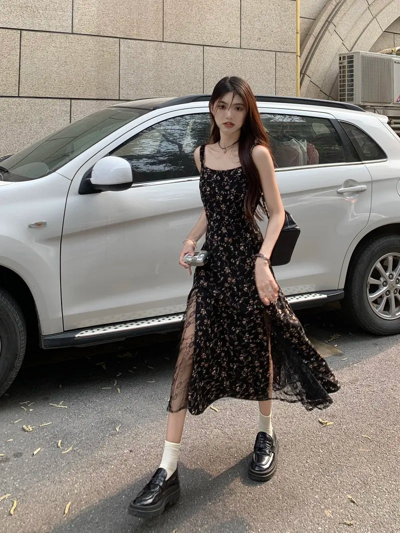 Floral Dress Korean Style Irregular Split One Piece Long Chiffon Dress pic / S Floral Dress Korean Style Irregular Split One Piece Long Chiffon Dress pic / S