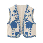 Vintage Flower Embroidery Vest Jackets Women's V-Neck Cardigan Shirts