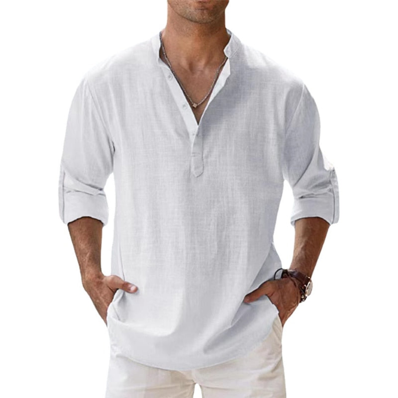 Men's Long Sleeve Shirts Breathable Solid Color Cotton Linen Shirt ...