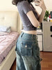 Women Y2k Streetwear Multi-Pocket Blue Denim Cargo Jeans Pants