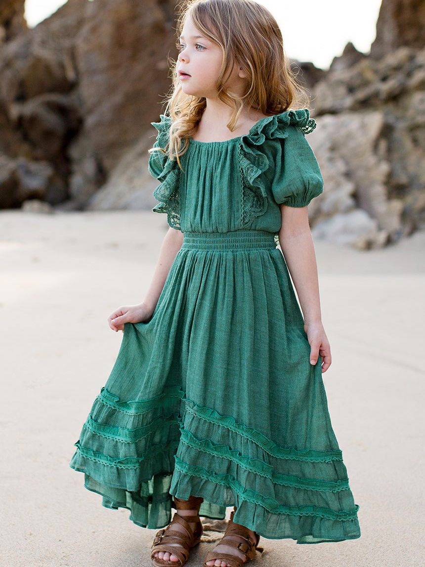 Children's Flower Dress Kids Cotton Lace Long Dresses Girl's Clothes Green / 4T