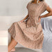 Floral Pleated Long Dress Women Short Sleeve High Waist Chic Dress