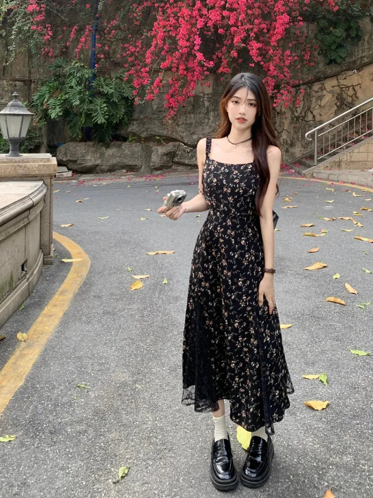 Floral Dress Korean Style Irregular Split One Piece Long Chiffon Dress pic / S Floral Dress Korean Style Irregular Split One Piece Long Chiffon Dress pic / S