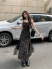 Vintage Floral Dress Women Korean Style Mesh Irregular Split One Piece Long Chiffon Dress