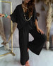 Women's Two Piece Set V-Neck Bat Sleeve Tops Loose Wide-leg Pants Set