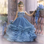 Dusty Blue Flower Girl Dresses Kids Pageant Gowns Tulle Ruffled Dress