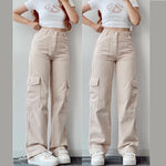 Vintage Straight Baggy Trousers Casual Waist Pocket Women's Denim Cargo Pants