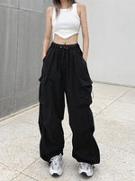 Women's Wide Leg Cargo Pants Drawstring Streetwear Jogger Trousers