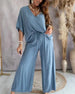 Women's Two Piece Set V-Neck Bat Sleeve Tops Loose Wide-leg Pants Set
