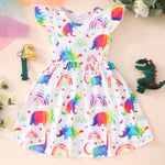 Flying Sleeve Girl's Dress Kids Ruffle Rainbow Dinosaur Cotton Party Dresses