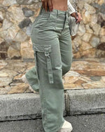 Cargo Pants Pocket Design High Waist Solid Color Women's Pants