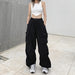 Women's Wide Leg Cargo Pants Drawstring Streetwear Jogger Trousers