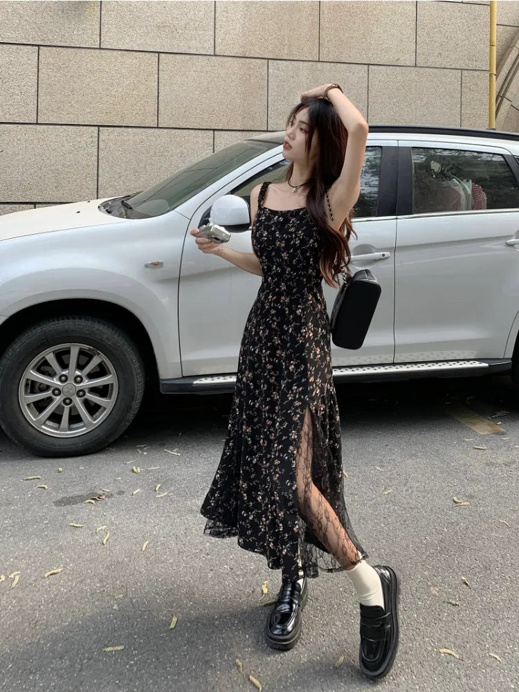 Floral Dress Korean Style Irregular Split One Piece Long Chiffon Dress pic / S