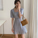 Female Chiffon Dress Square Collar High Waist Floral-Printed Slim Dress