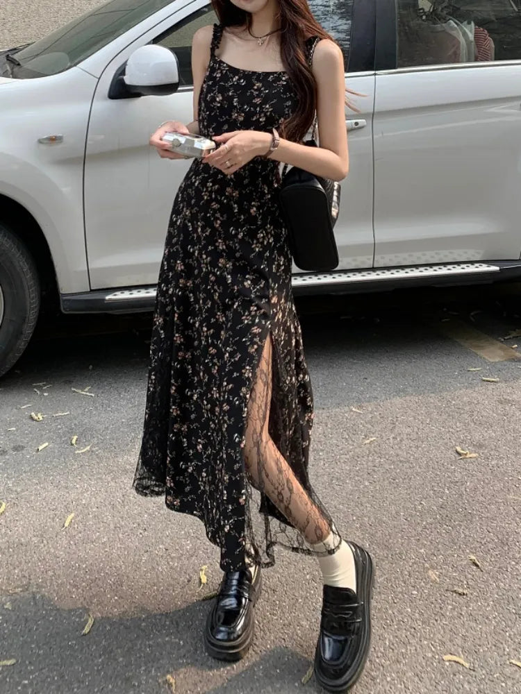 Floral Dress Korean Style Irregular Split One Piece Long Chiffon Dress pic / S