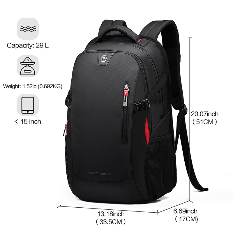 15 Inch Laptop Backpacks Waterproof Nylon 29L Casual Shoulder Bagpack Black