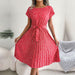 Floral Pleated Long Dress Women Short Sleeve High Waist Chic Dress