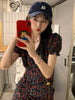 Women's Mini Dresses Floral Trendy Puff Sleeve Elegant Slim Korean Style Dress